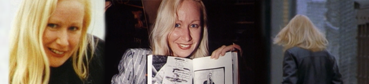 Blonde woman smiling, blonde woman holding a book, back of blonde woman's head