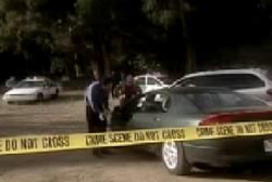 Crime seen tape blocking off officers who peer into a grey car