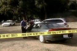 Crime seen tape blocking off officers who peer into a grey car