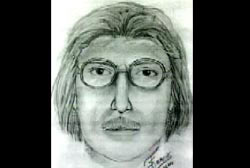 A police sketch of a caucasian man with long hair, glasses, and mustache