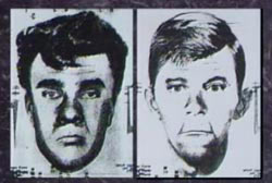 Police composite sketches of teo caucasian suspects with long faces and dark hair 