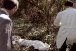 Police investigators walking up to the covered body of Martha in her backyard