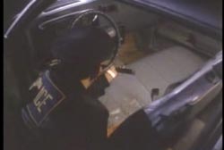 Police officer shining a light into a car