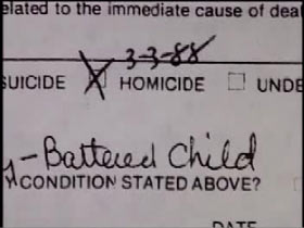 Cause of death certificate with an x on homicide